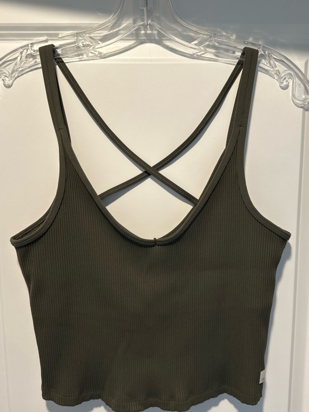 Vuori Olive Ribbed Cropped Tank with Crisscross Back